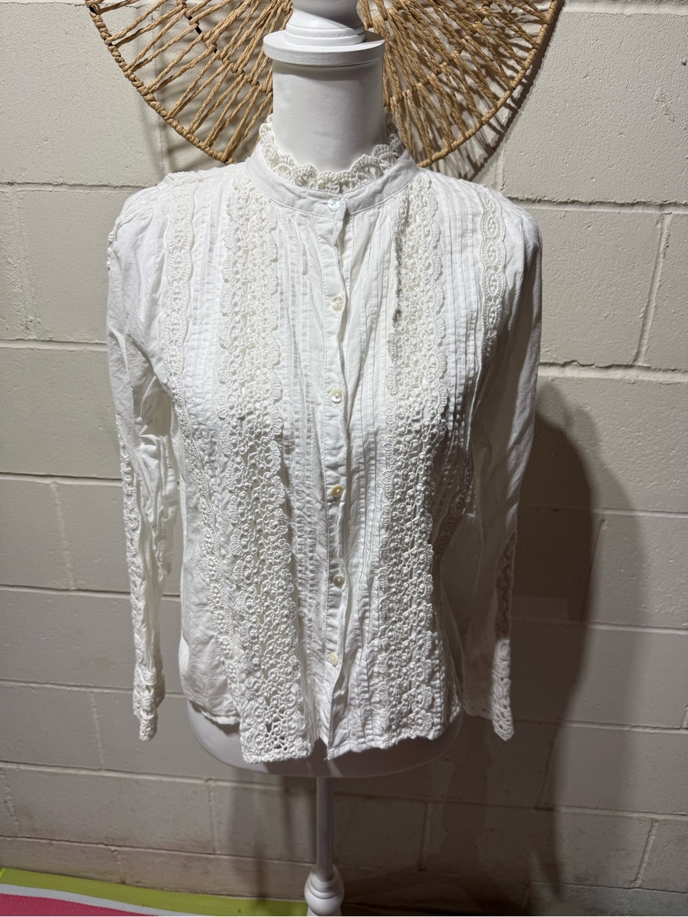 Women's White Lace-Trim Button-Up Blouse